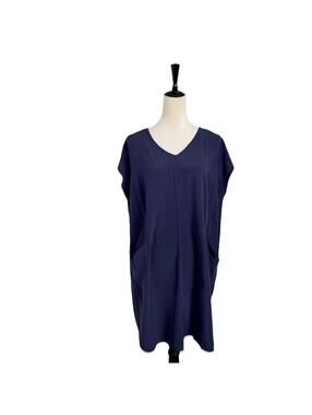 EILEEN FISHER Tencel/Viscose Blend Short Sleeve Shift Dress Navy Blue Plus Sz 1X